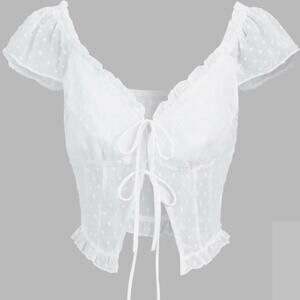 Commense White Swiss Dot Tie-Front Puff Sleeve Crop Top